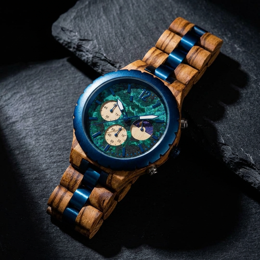 RINGS NAMI wooden chronograph watch with a deep blue dial