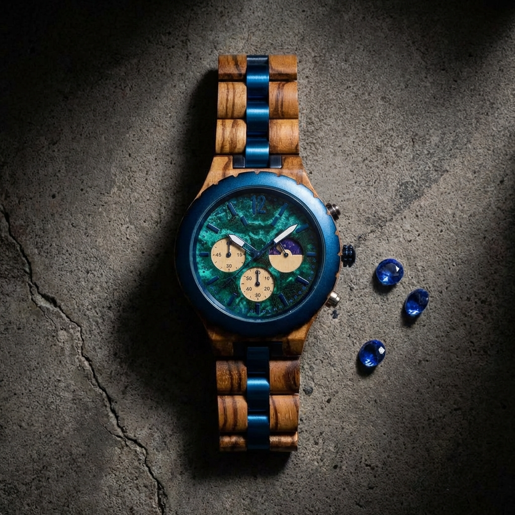 RINGS NAMI watch showing its deep blue dial and natural wood bracelet