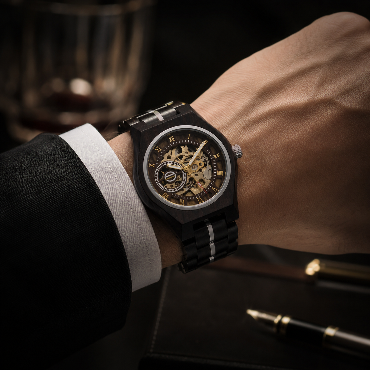 RINGS GEN automatic wooden watch worn with a dark suit