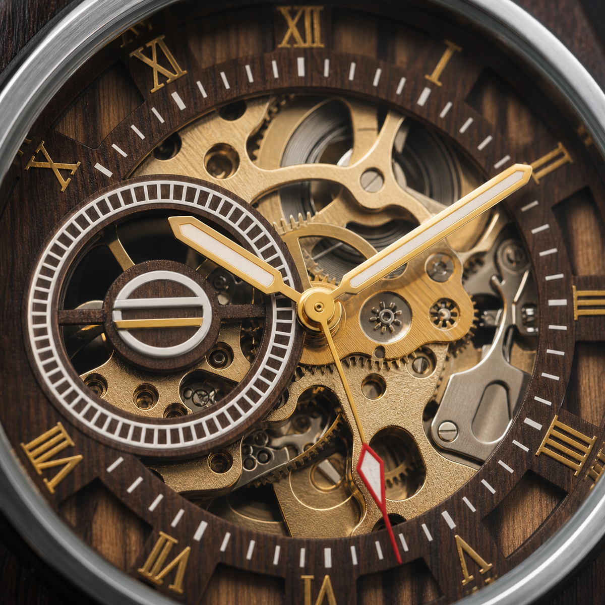 Close-up of the moving mechanical skeleton dial of RINGS GEN