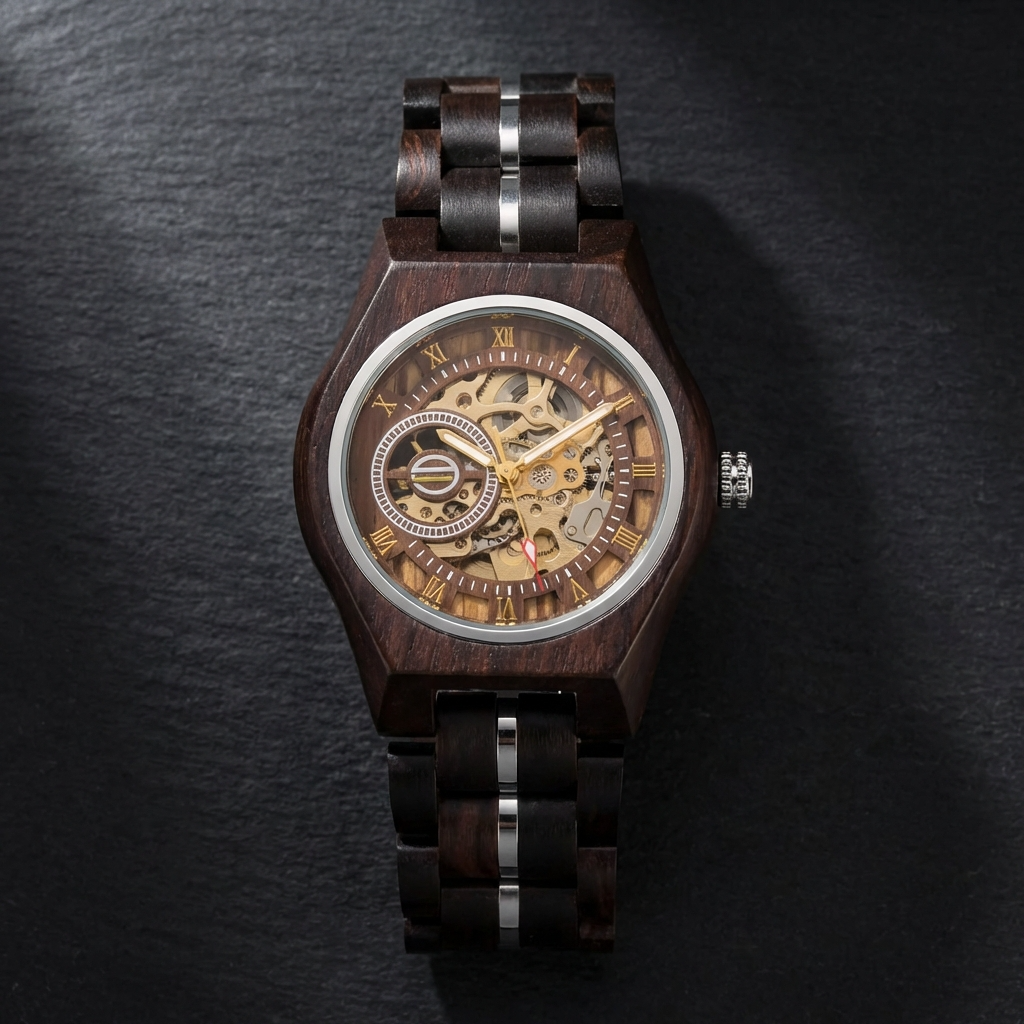 RINGS GEN dark wooden automatic mechanical skeleton watch