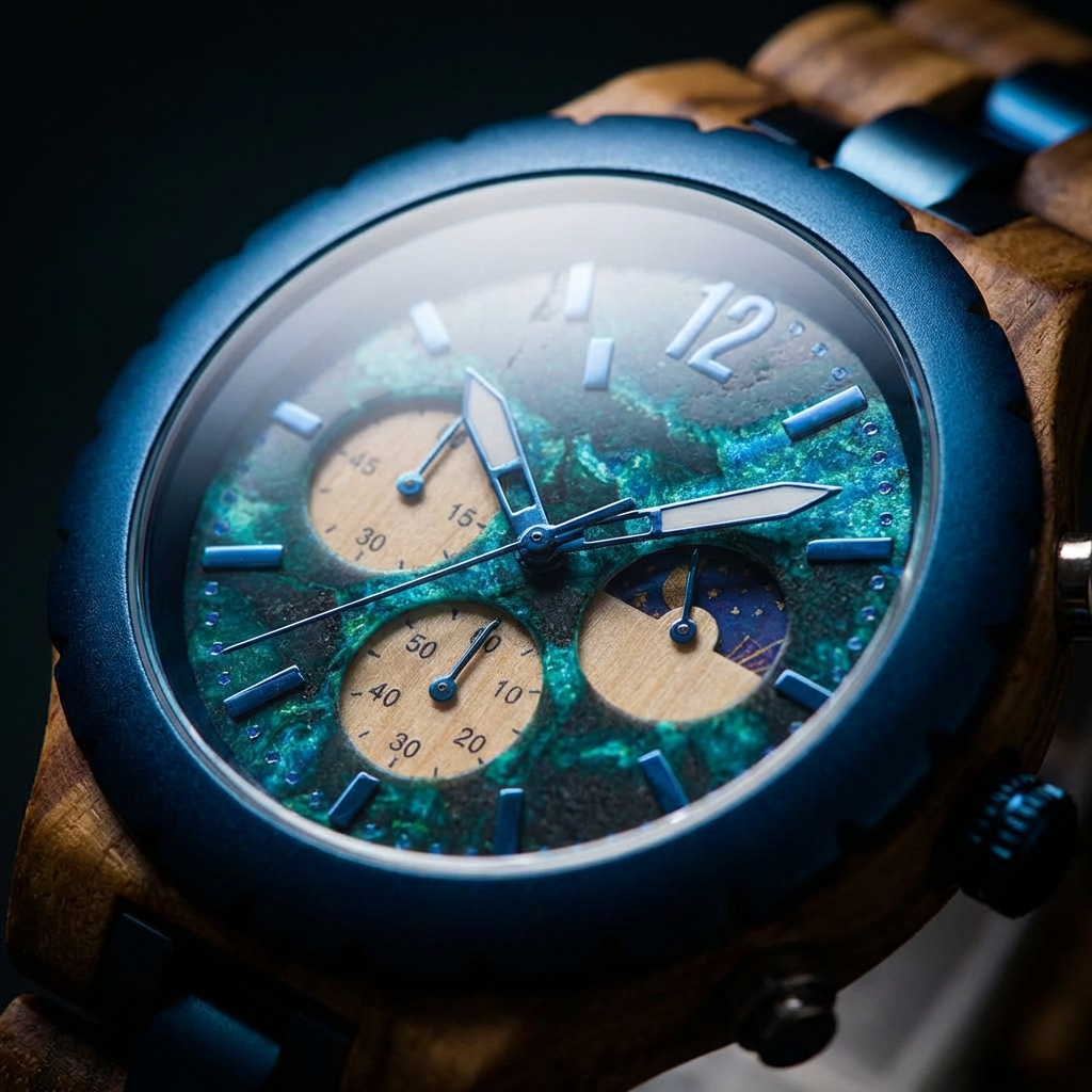 Close-up of the natural wood grain and blue stainless-steel details of NAMI