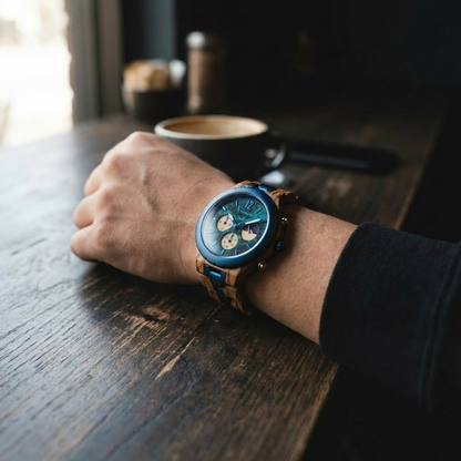波 — Nami | 天然木×ブルーメタル クロノグラフ腕時計 | RINGS WOOD WATCH 波 — Nami | 天然木×ブルーメタル クロノグラフ腕時計 | RINGS WOOD WATCH